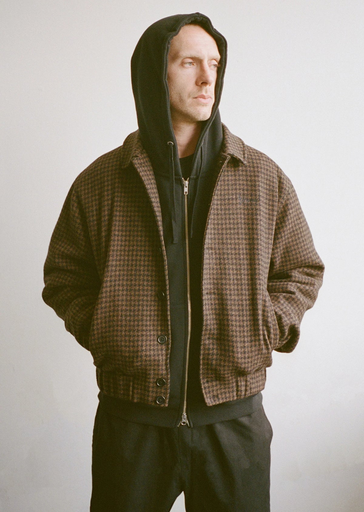 Grand Collection - Wool Houndstooth Blouson Jacket Espresso/Black