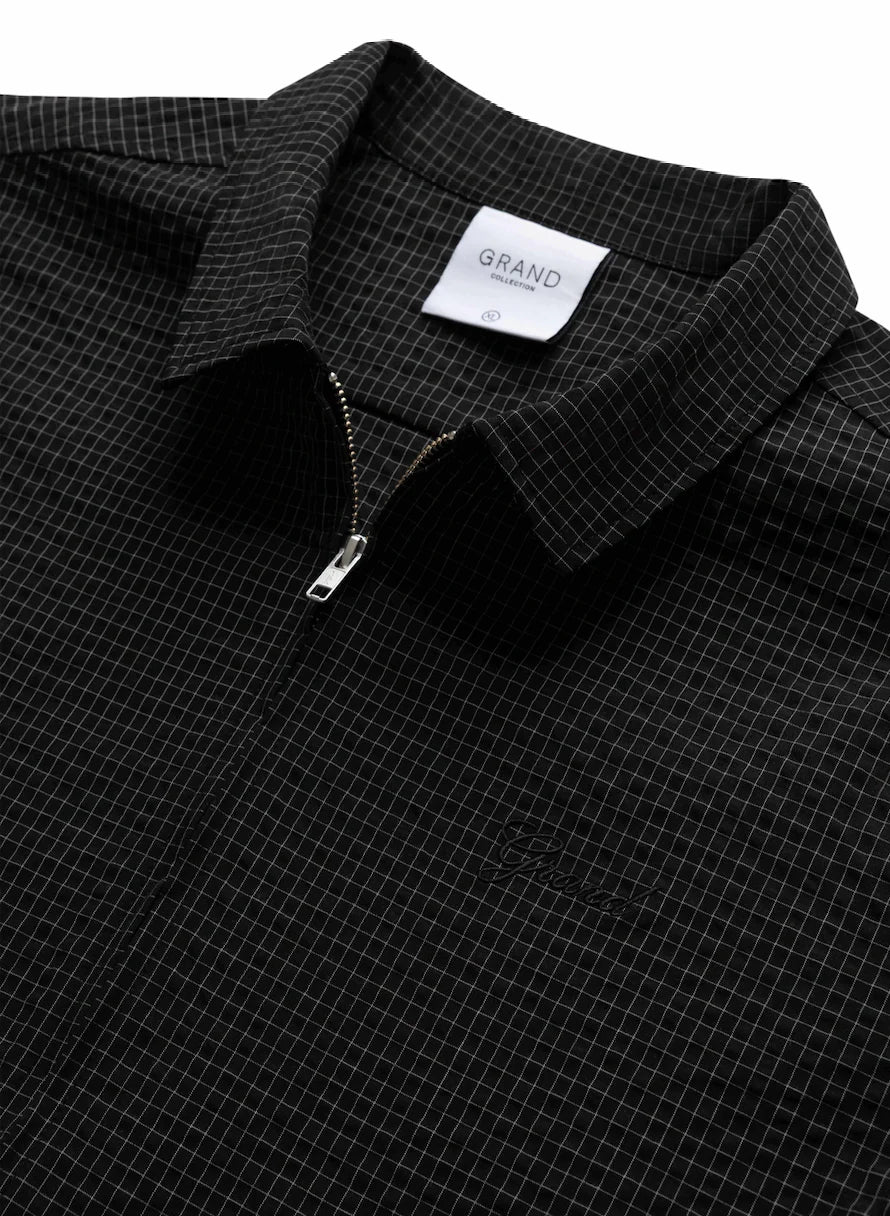Grand Collection - Seersucker Short Sleeve Zip Up Shirt Black