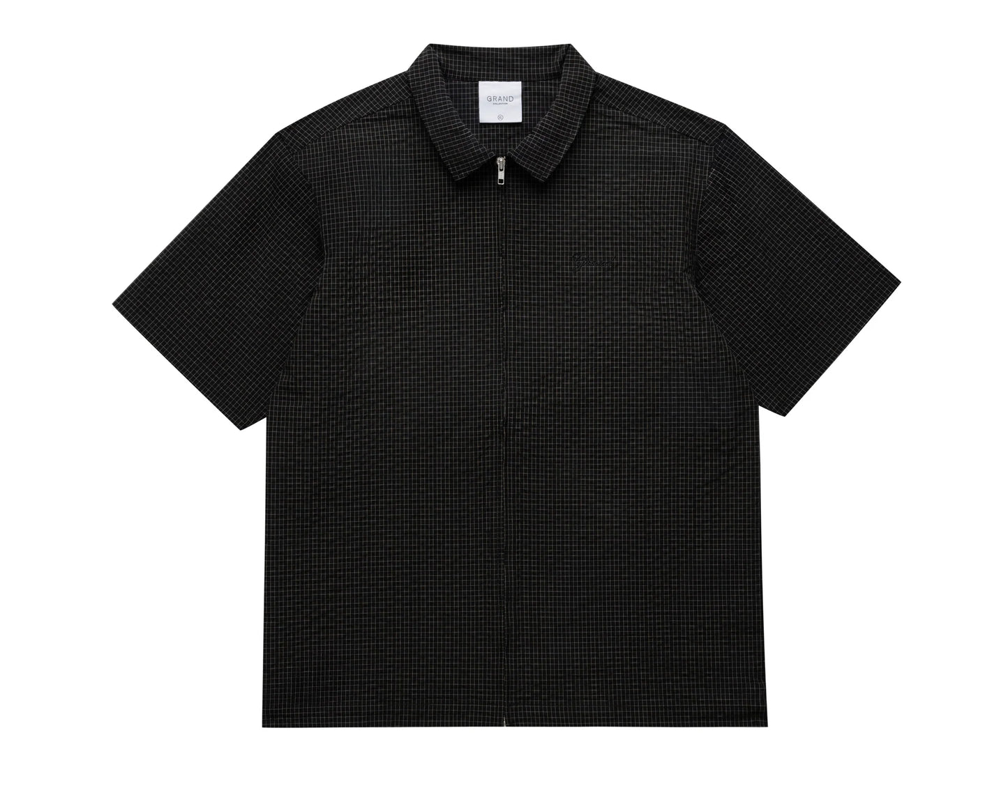 Grand Collection - Seersucker Short Sleeve Zip Up Shirt Black